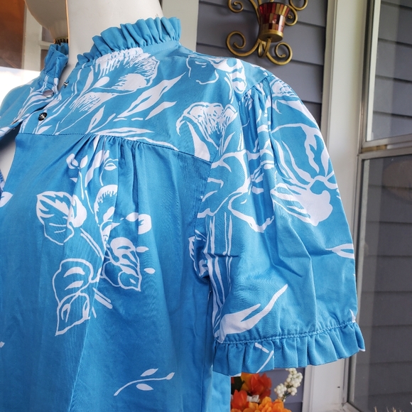 Vintage Ruffle Puff Shoulders Snap Front Pleated 2 Pockets Floral Mumu Dress - Picture 3 of 10